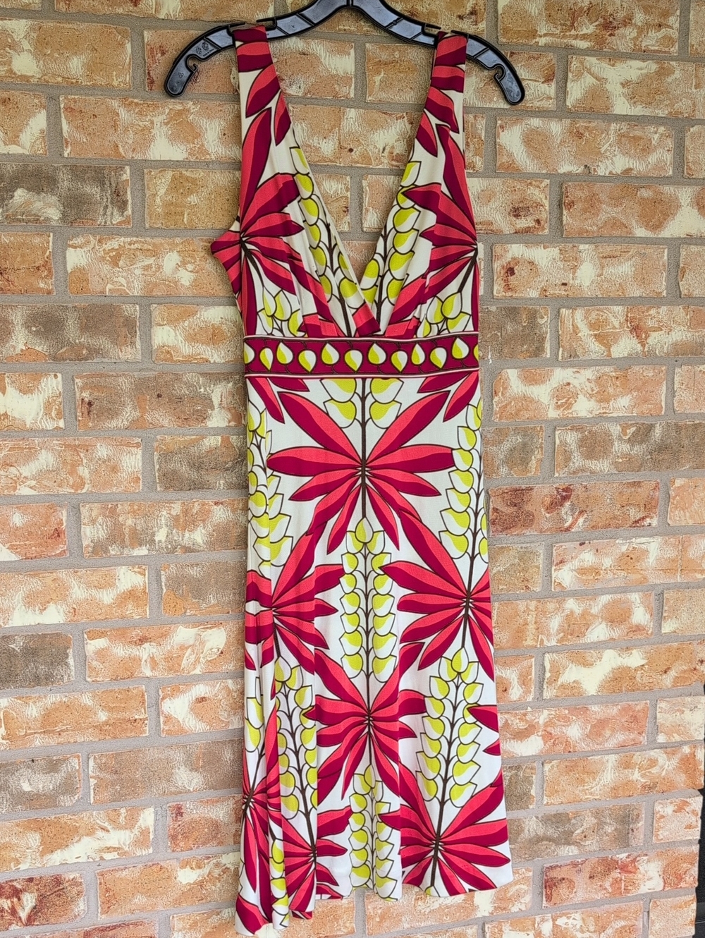 Tory Burch Red and White Floral V-Neck Dress with Yellow Accents